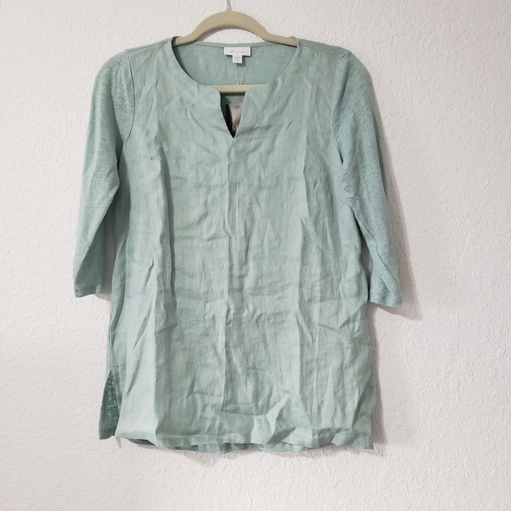 NWT J Jill Linen Blouse Size XS 3/4 Sleeve Sea Glass Green Mixed Media